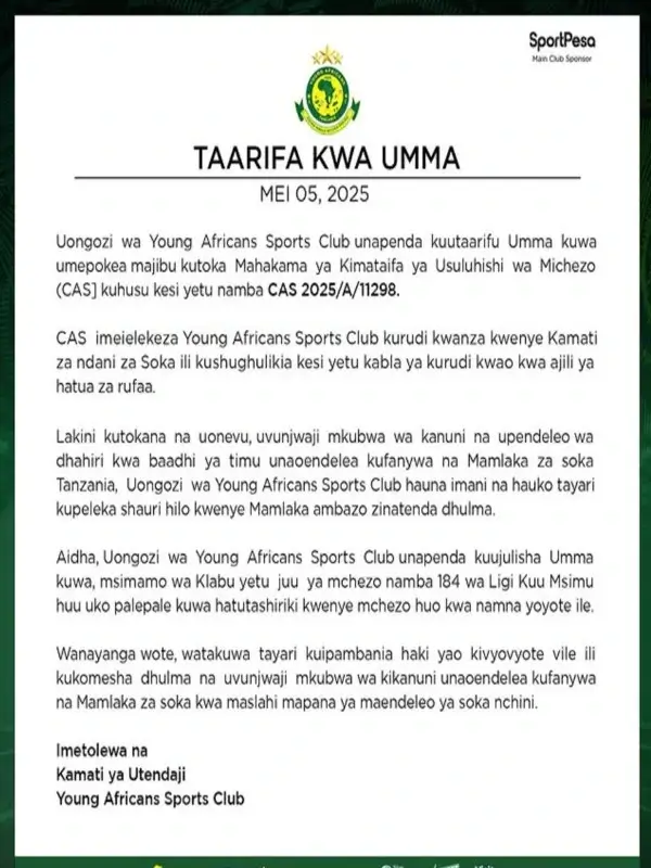 Yanga Yagoma Dabi Msimamo Wao Bado Imara Licha ya CAS 1