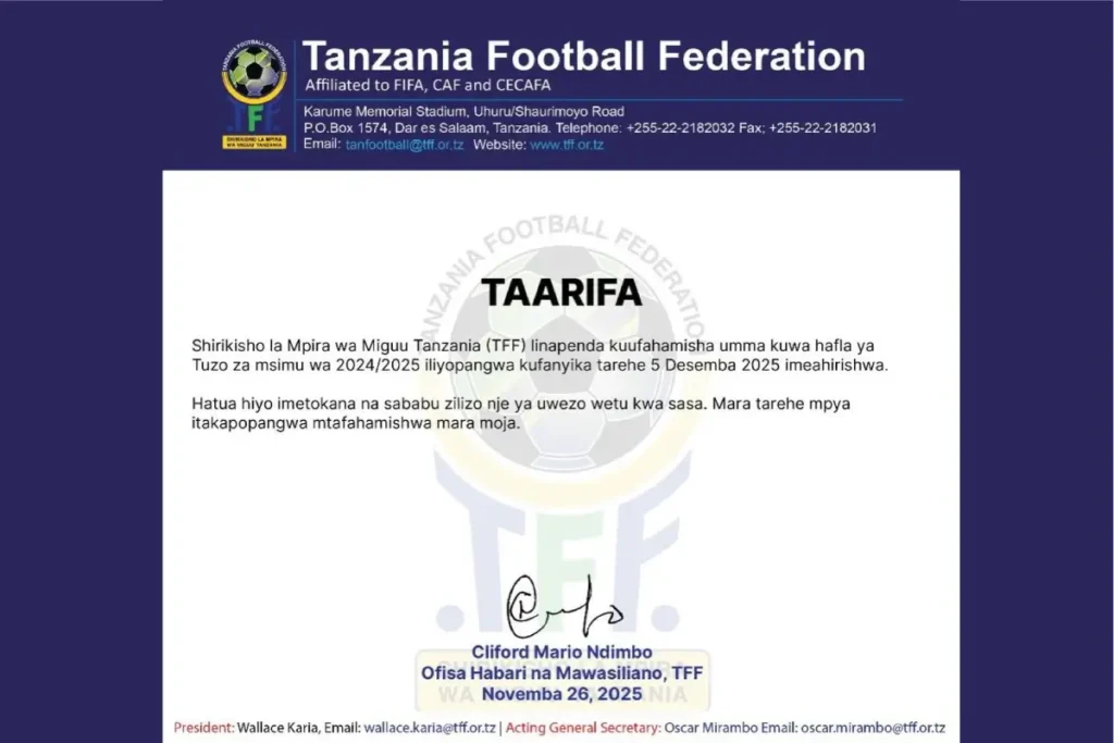 TFF Kuahirisha Tuzo za Msimu 2025/2026 – Sababu, Maoni na Mtazamo Mpana TFF Kuahirisha Tuzo za Msimu 20252026 – Sababu, Maoni na Mtazamo Mpana
