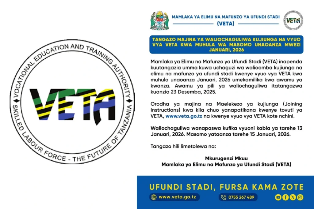 Majina ya Waliochaguliwa Kujiunga na VETA Awamu ya Kwanza Januari 2026
